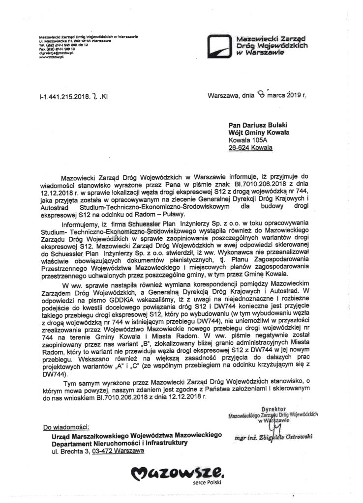 Pismo do Mazowieckiego Zarządu Dróg Wojewódzkich w Warszawie